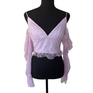 DOUBLE CRAZY Womens Y2k Babydoll Lavender Lace Top Size M Coquette Fairy Dainty